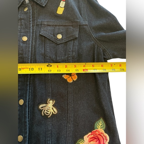 NY Collection Denim Jacket Sz L Blue Dark Wash 100% Cotton Embroidered Patchwork - Picture 3 of 16